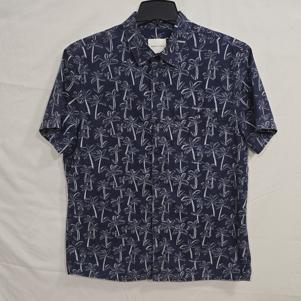 American Eagle Mens Lg Blue Palm Tree Button Up Short Sleeve Cotton